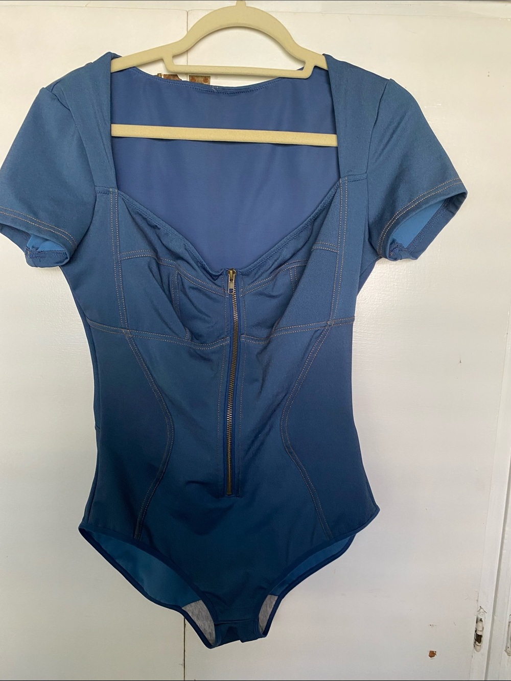 Blue Short-Sleeve Women's Bodysuit with Front Zip